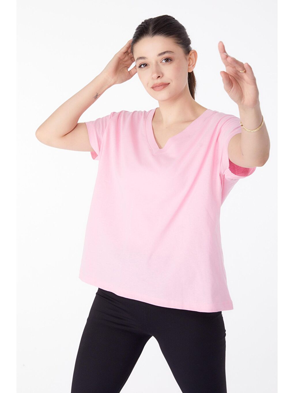 TOFİSA Pembe Düz Orta Kadın Pembe V Yaka T-Shirt - 25397 - 2