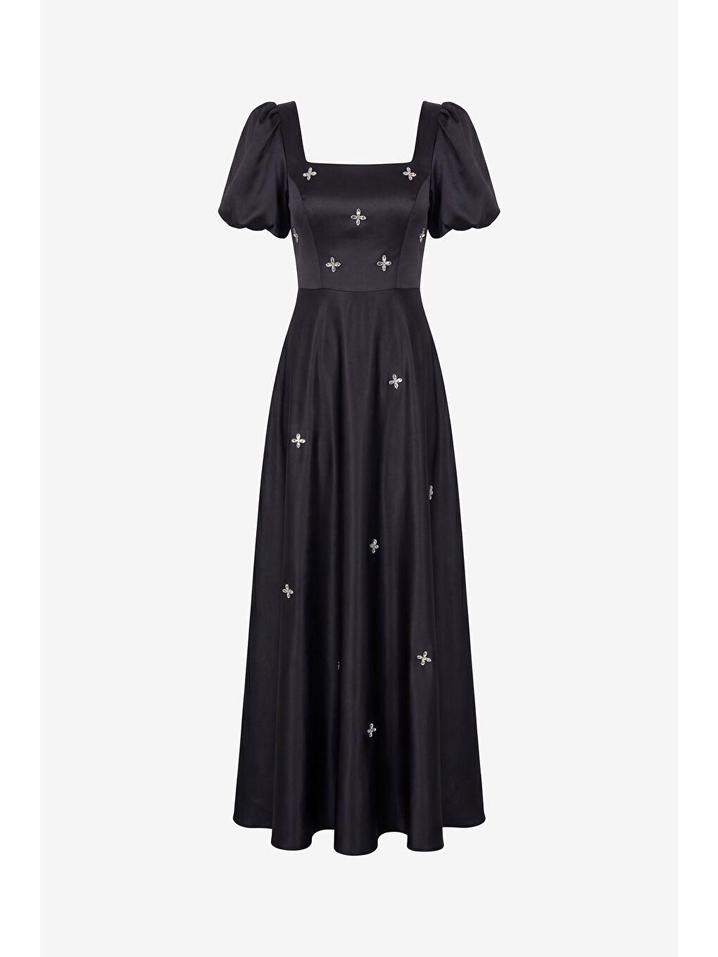 Kadın Siyah Kare Yaka Balon Kol Taşlı Uzun Saten Abiye Elbise-6