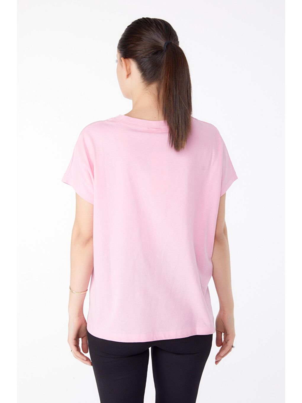 TOFİSA Pembe Düz Orta Kadın Pembe V Yaka T-Shirt - 25397 - 4