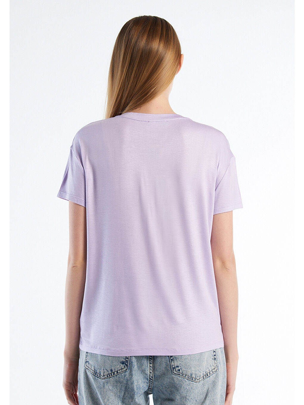 United Colors Of Benetton Kadın Lila Viskoz Karışımlı Geniş V Yaka Basic T-Shirt - 2