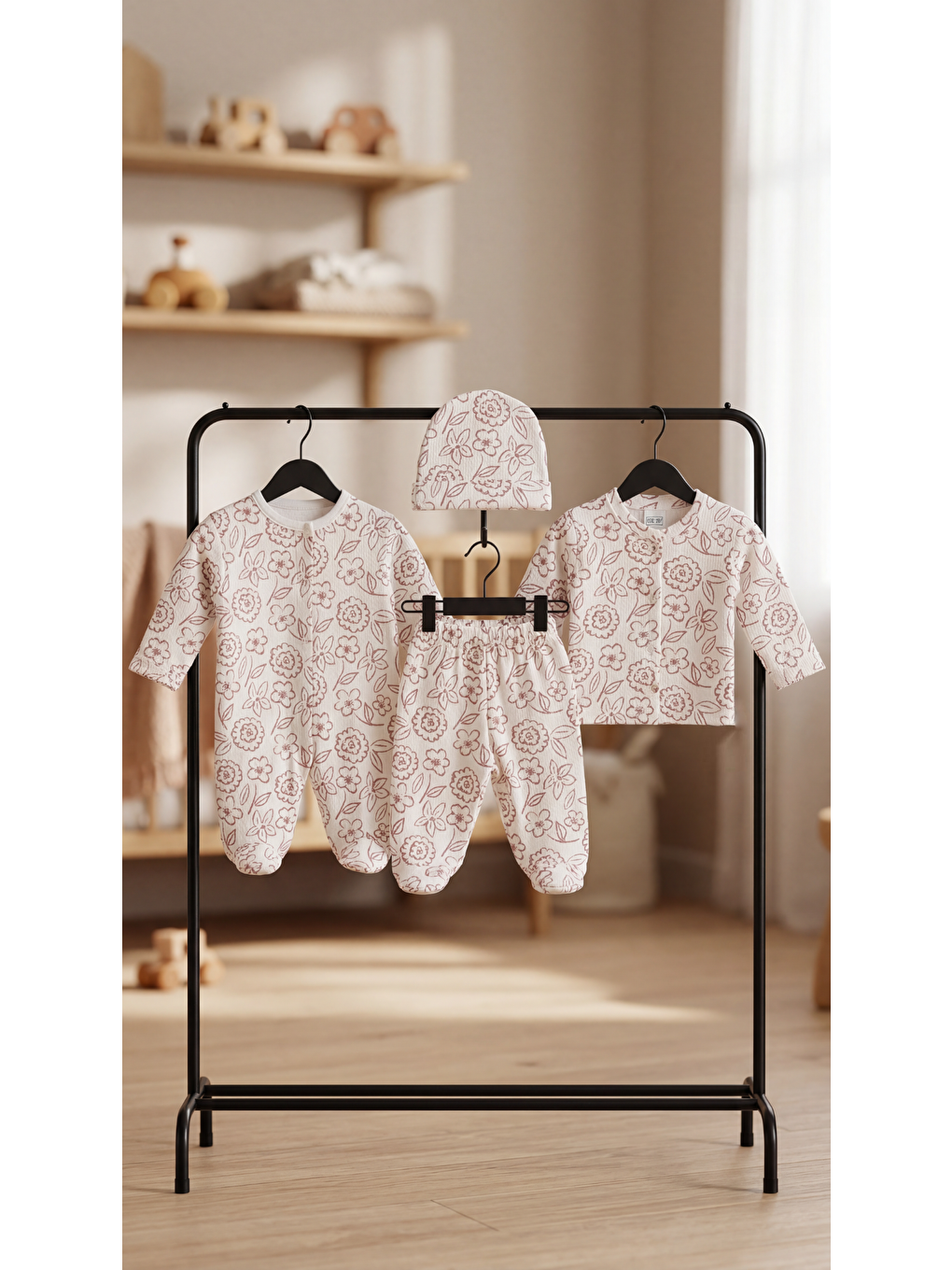 Ekru Tüm Alan Çiçek Desenli 3'Lü Kız Bebek Yenidoğan Takımı