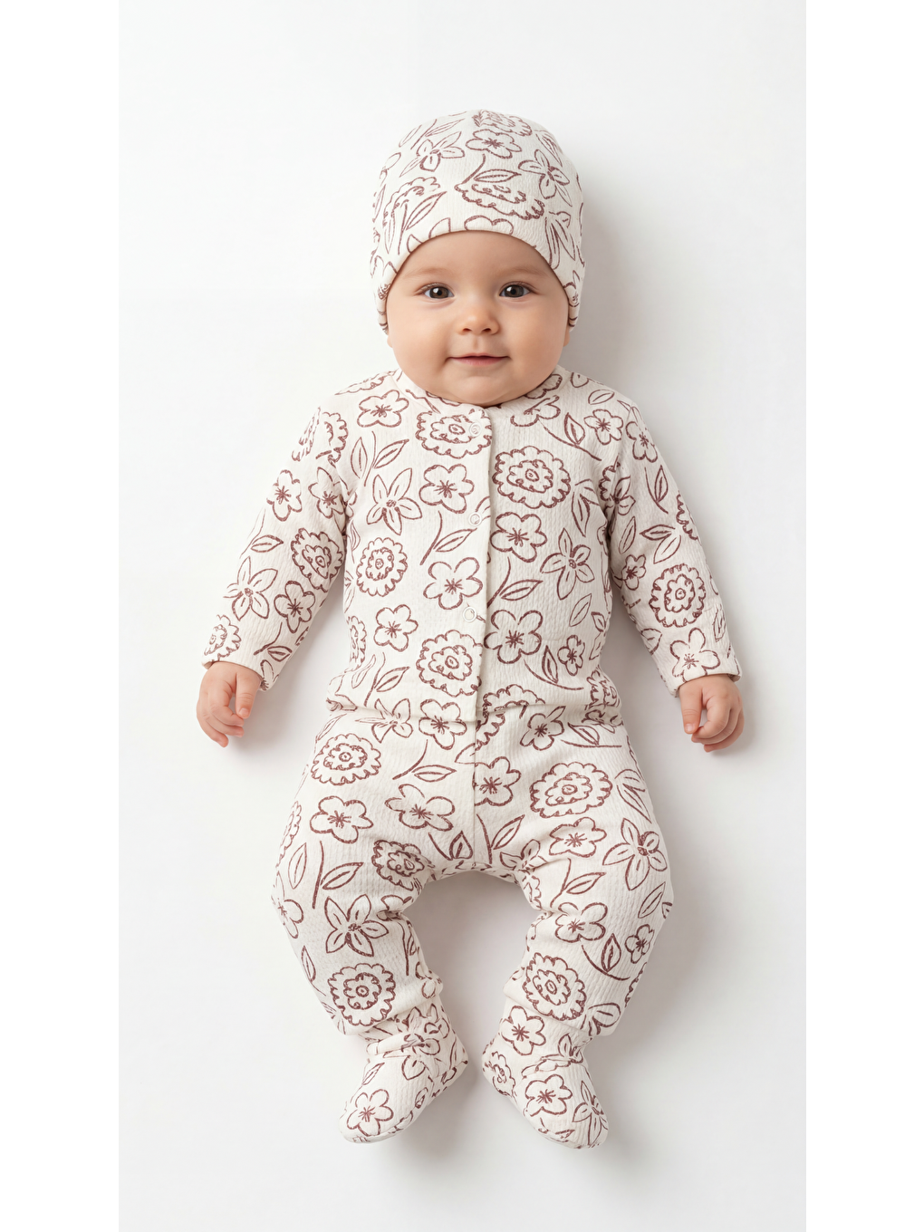 Ekru Tüm Alan Çiçek Desenli 3'Lü Kız Bebek Yenidoğan Takımı-1
