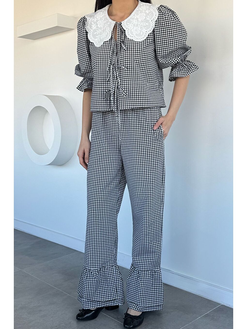 Siyah Kadın Bebe Yaka Bluz Pantolon İkili Takım