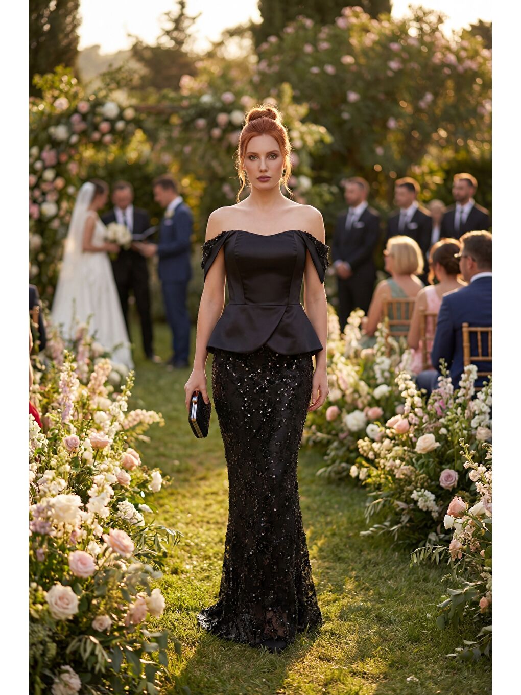 Kadın Siyah Dar Kalıp Kayık Yaka Payetli Uzun Abiye Elbise-4