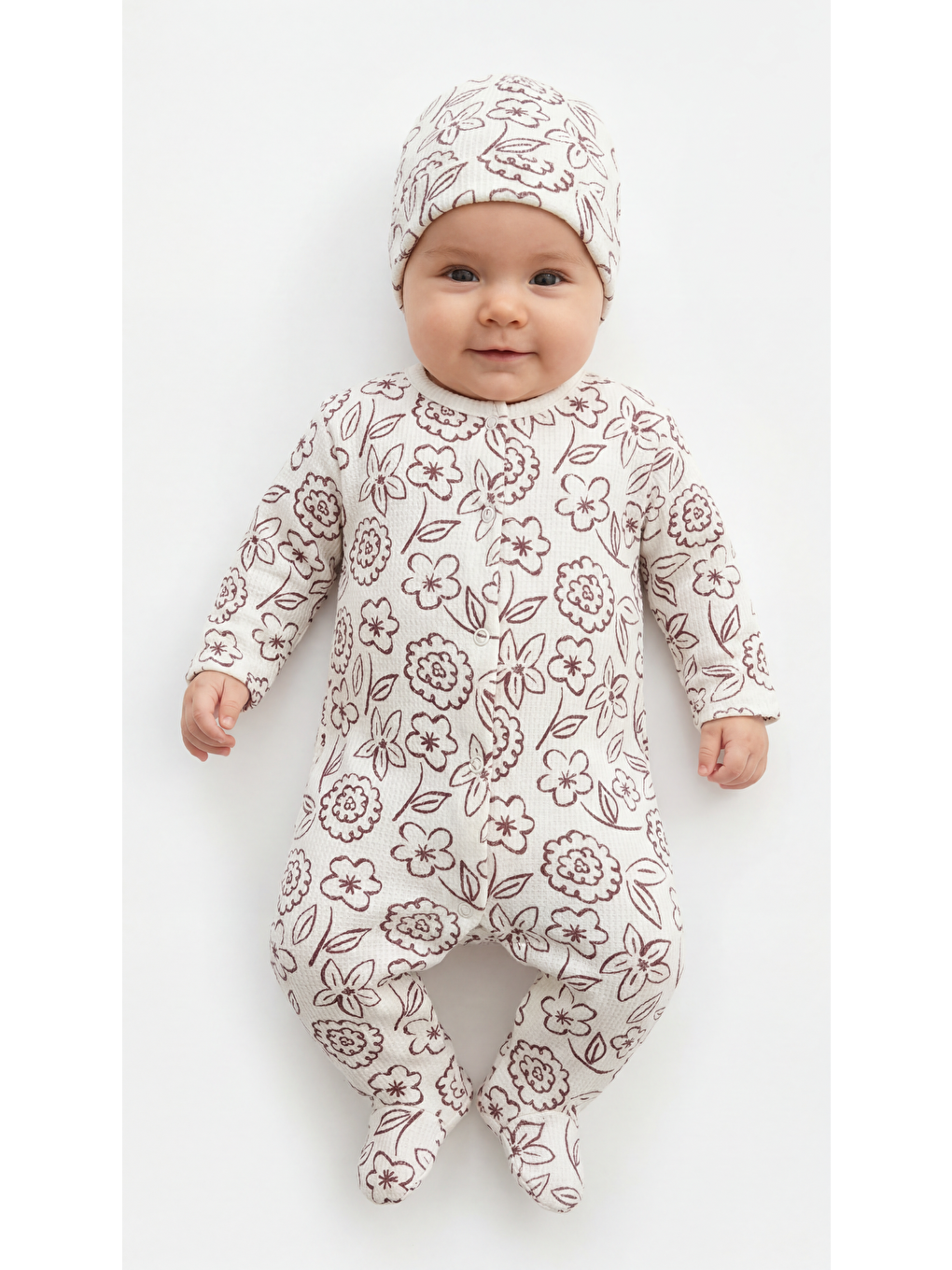 Ekru Tüm Alan Çiçek Desenli 3'Lü Kız Bebek Yenidoğan Takımı-2