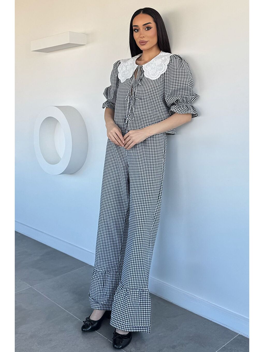 Siyah Kadın Bebe Yaka Bluz Pantolon İkili Takım-1