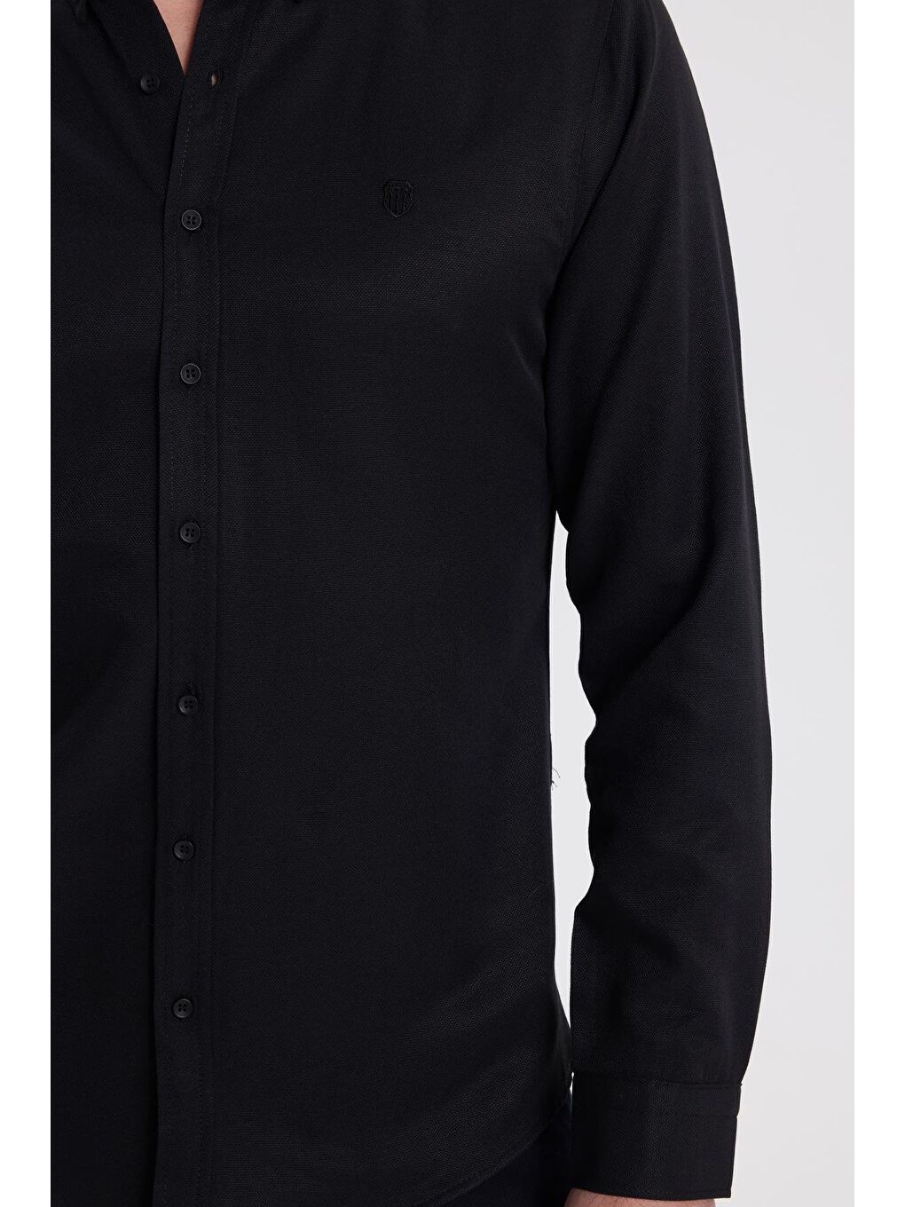 Erkek Slim Fit Dar Kesim Düz Oxford Armalı  Düğmeli Yaka Siyah Spor Gömlek-2