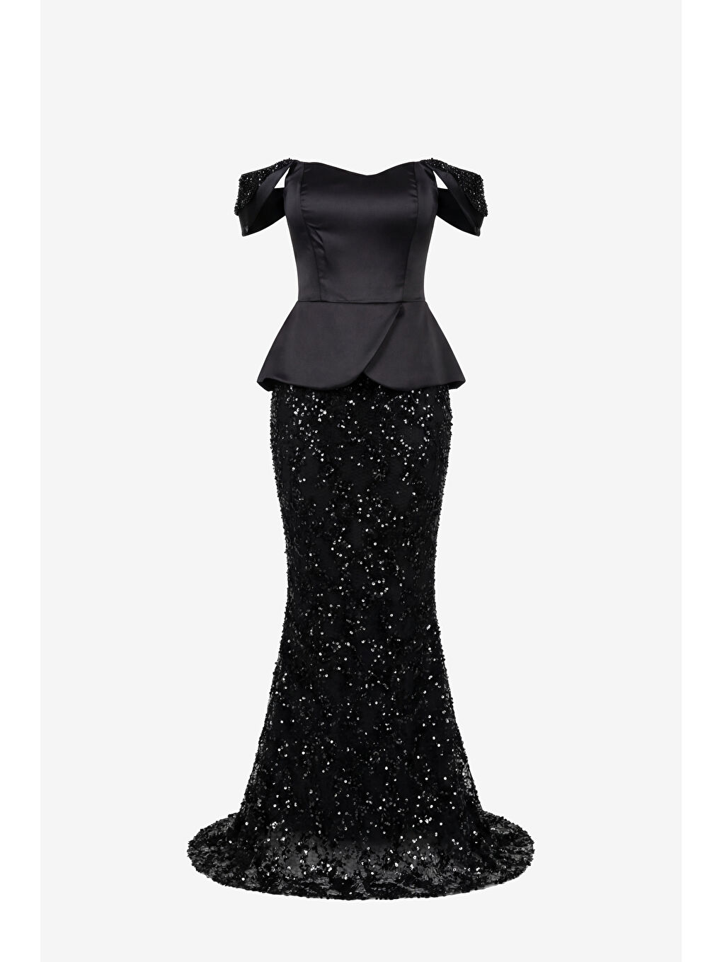 Kadın Siyah Dar Kalıp Kayık Yaka Payetli Uzun Abiye Elbise-6
