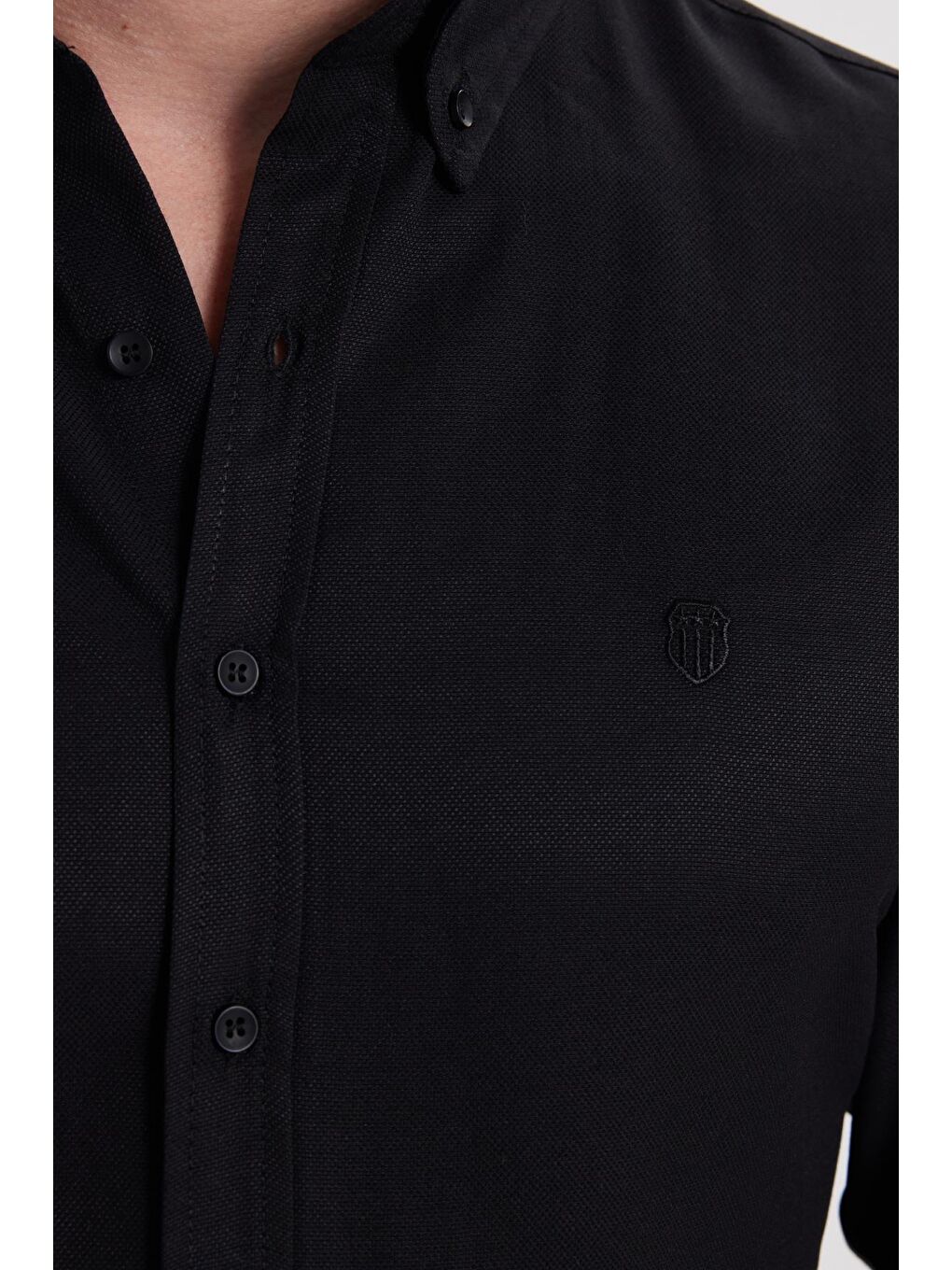 Erkek Slim Fit Dar Kesim Düz Oxford Armalı  Düğmeli Yaka Siyah Spor Gömlek-6