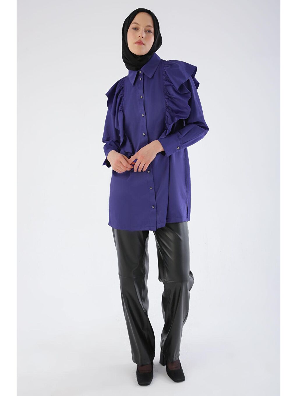 Mor Taş Düşmeli Volanlı Saten Gömlek Tunik-1
