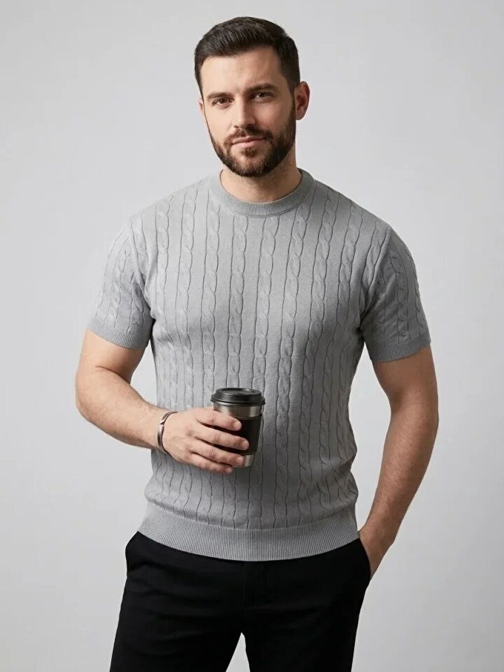 Gri Erkek Yazlık Triko Dokuma Tişört-1