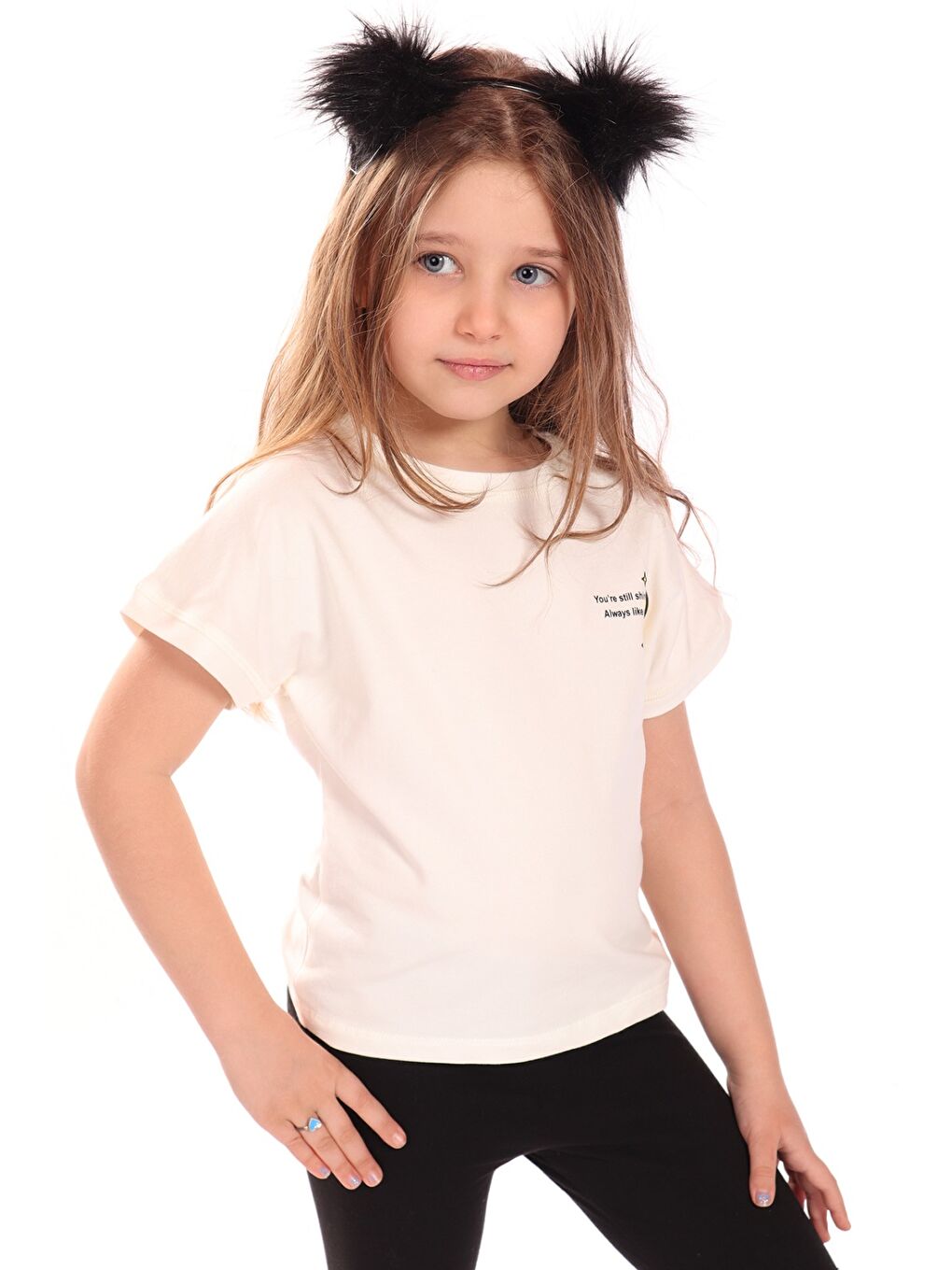 Ekru Kız Çocuk Ay Yıldız Baskılı Tişört