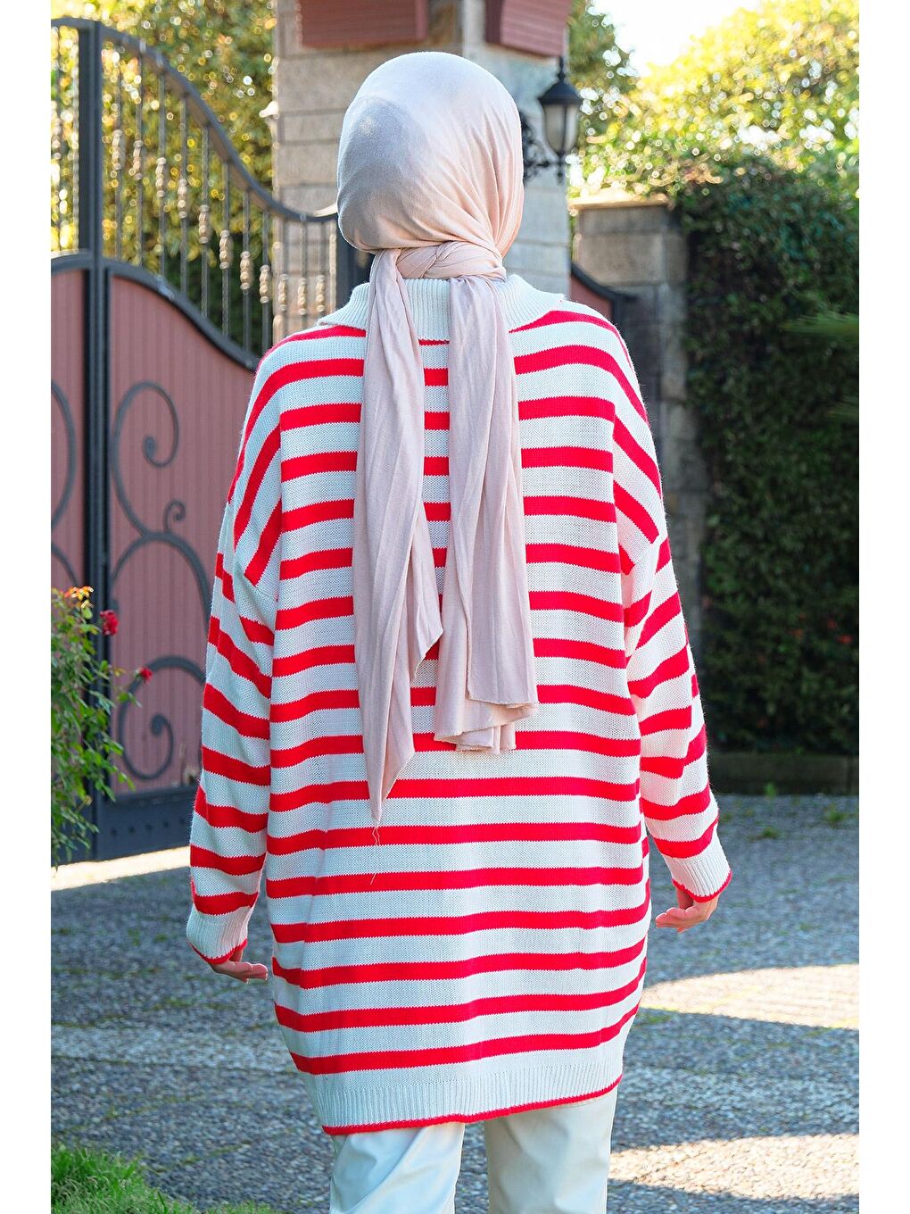 Kadın Çizgili Boğazlı Triko Kazak Kırmızı-4