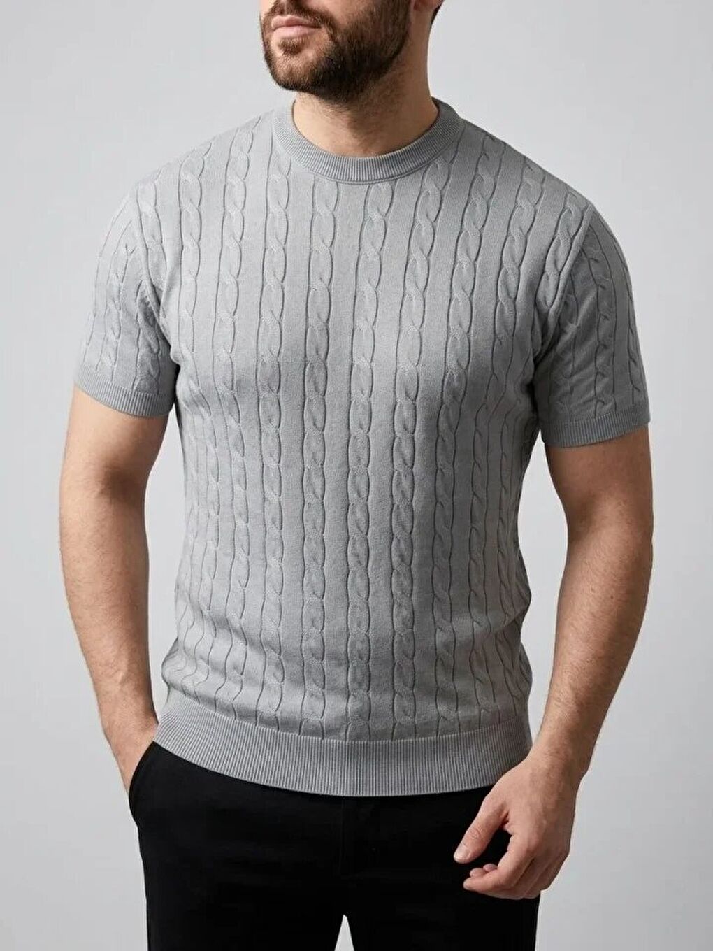Gri Erkek Yazlık Triko Dokuma Tişört-2
