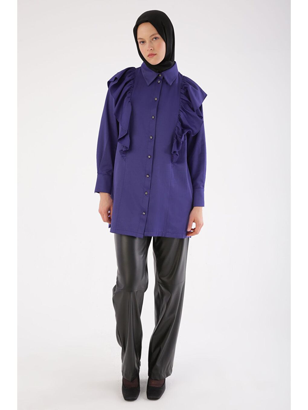 Mor Taş Düşmeli Volanlı Saten Gömlek Tunik-2