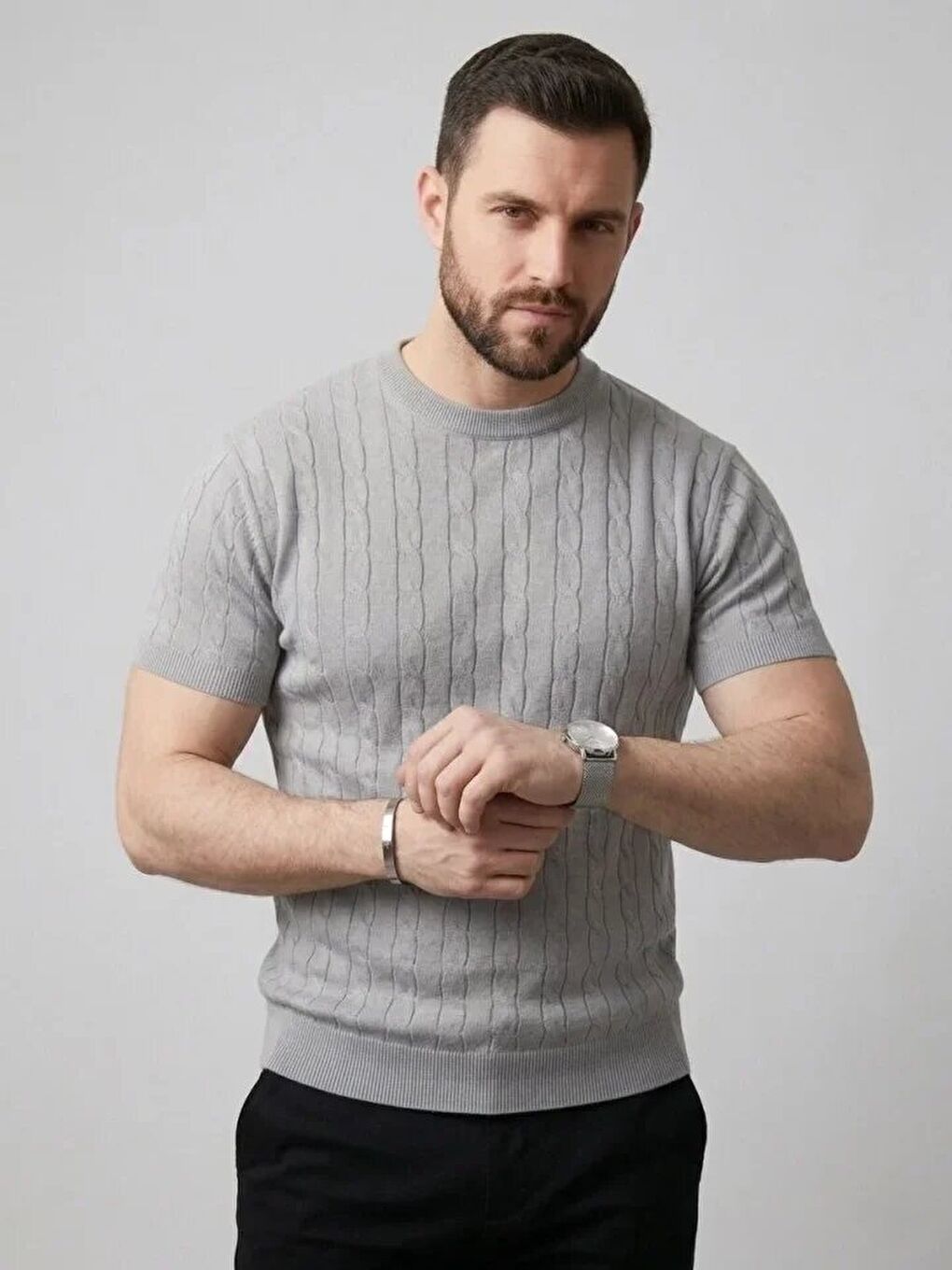 Gri Erkek Yazlık Triko Dokuma Tişört-3