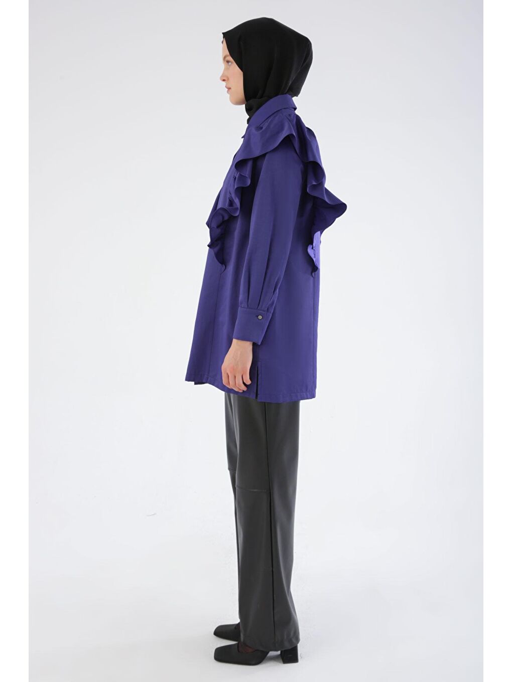 Mor Taş Düşmeli Volanlı Saten Gömlek Tunik-3