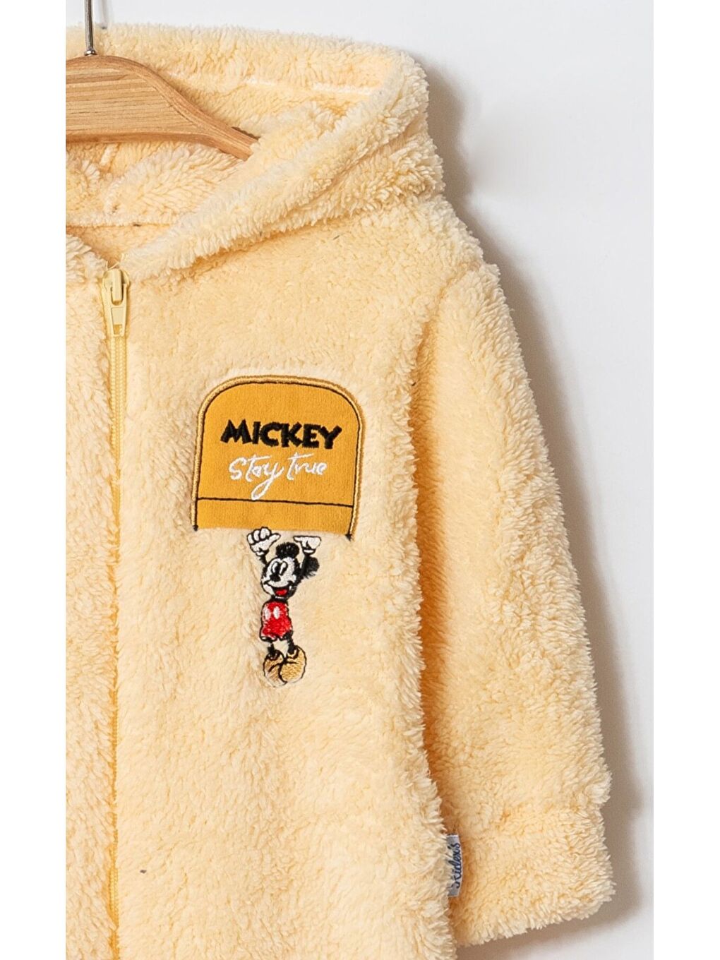 Sarı Kışlık Tatlı Welsoft Mickey Nakışlı Fermuarlı Kapüşonlu Bebek Tulum-1