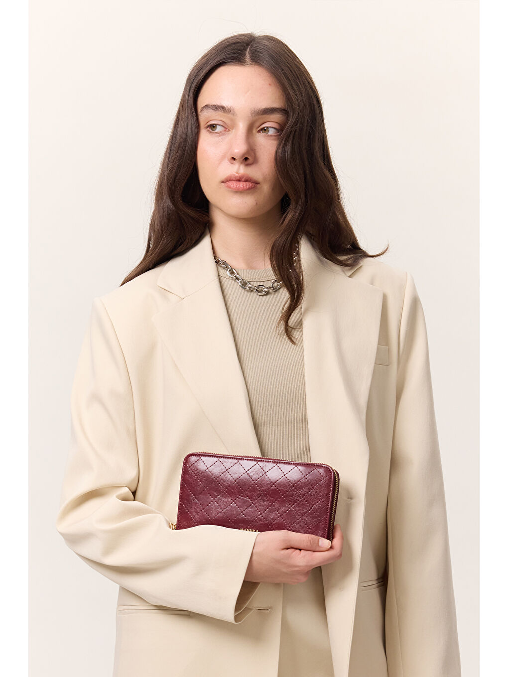 Kapitone Fermuarlı Geniş Cüzdan Bordo