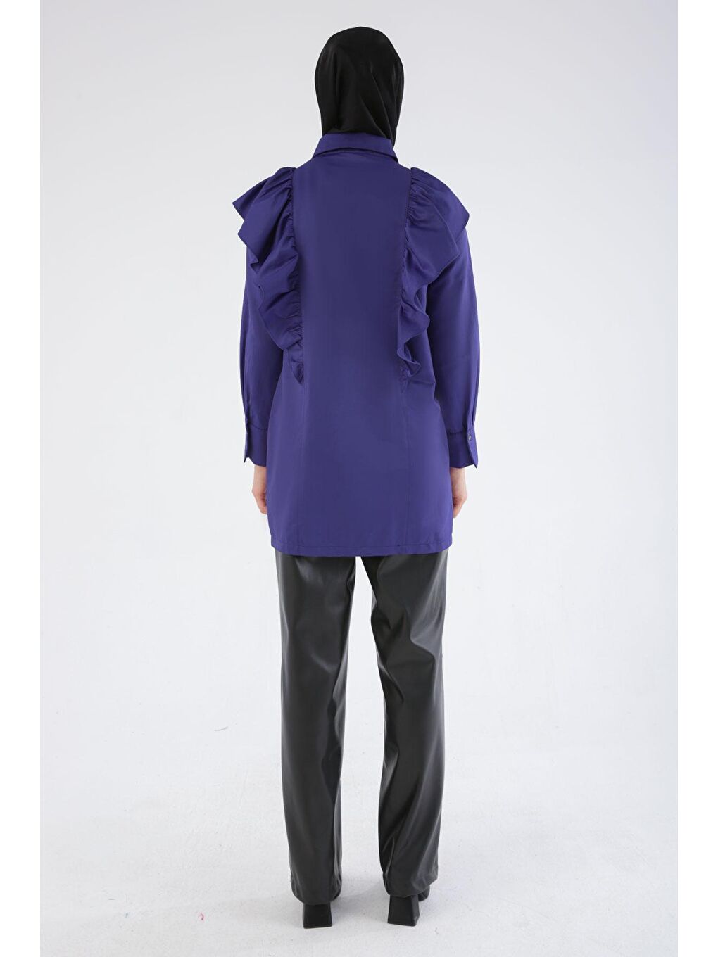 Mor Taş Düşmeli Volanlı Saten Gömlek Tunik-4