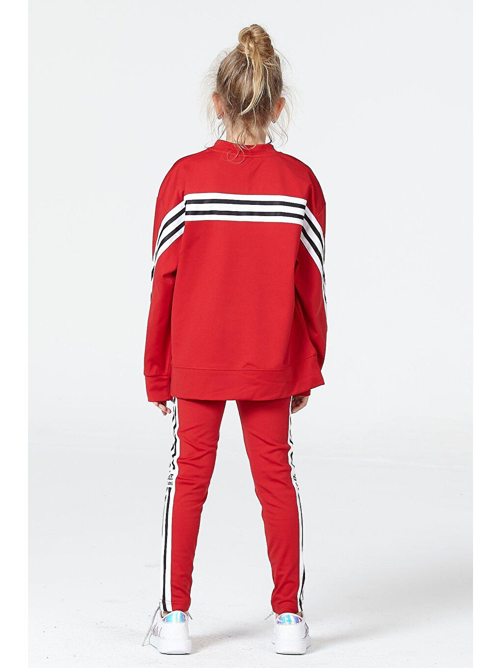 Kırmızı Kız Çocuk Baskı Detaylı Salaş Yırtmaçlı Şerit Detaylı Dalgıç Kumaştan Spor Tayt Sweat Takımı-5