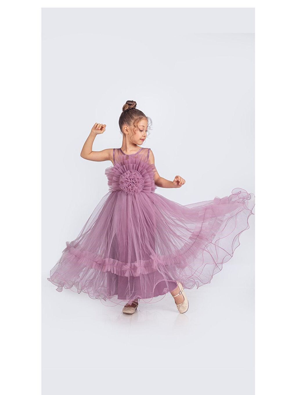 Mürdüm Uzun Etekli , Askılı Kız Cocuk Gül Motif Abiye Elbise M00670-4