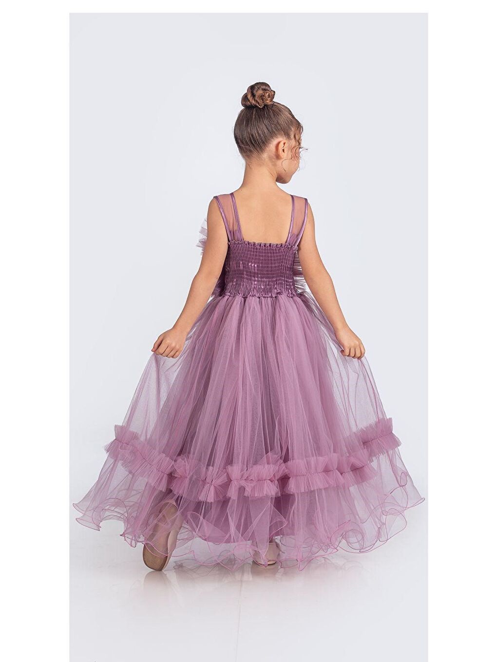 Mürdüm Uzun Etekli , Askılı Kız Cocuk Gül Motif Abiye Elbise M00670-9