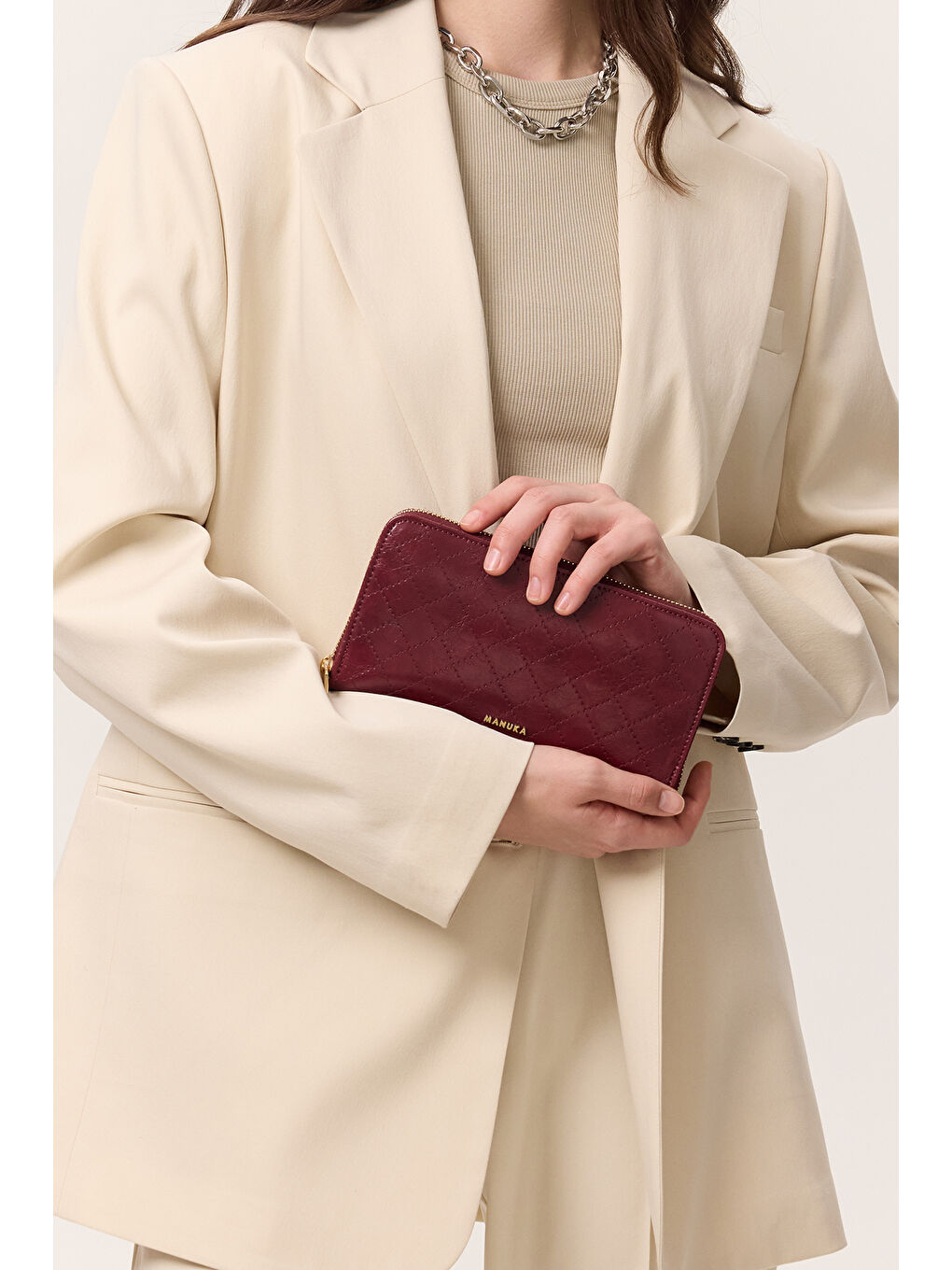 Kapitone Fermuarlı Geniş Cüzdan Bordo-1