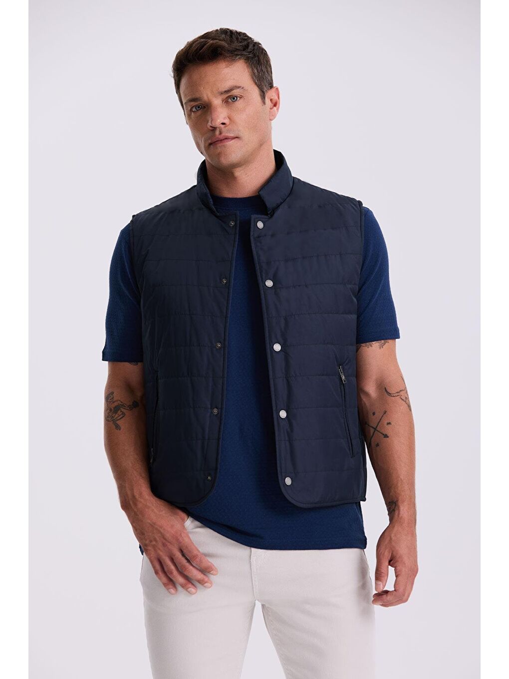 Lacivert Hakim Yaka Elyaflı Slim Fit Yelek-1