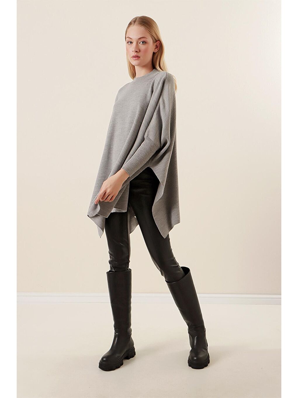 15783 Yırtmaçlı Panço Kazak - Gri-1