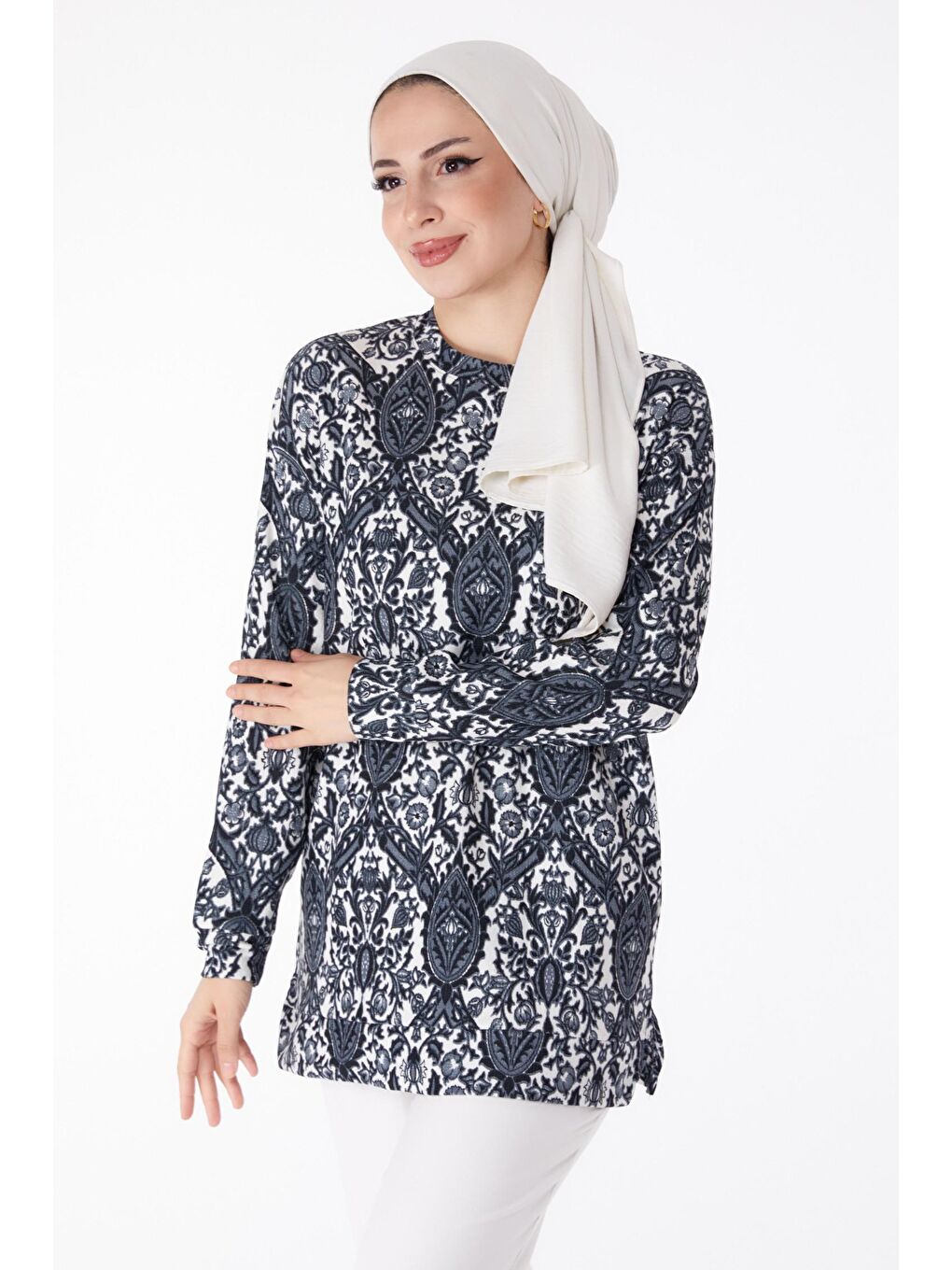 Bisiklet Yaka Kadın Antrasit Desenli Tunik - 25324-1