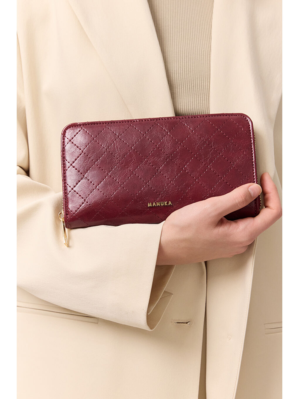 Kapitone Fermuarlı Geniş Cüzdan Bordo-2