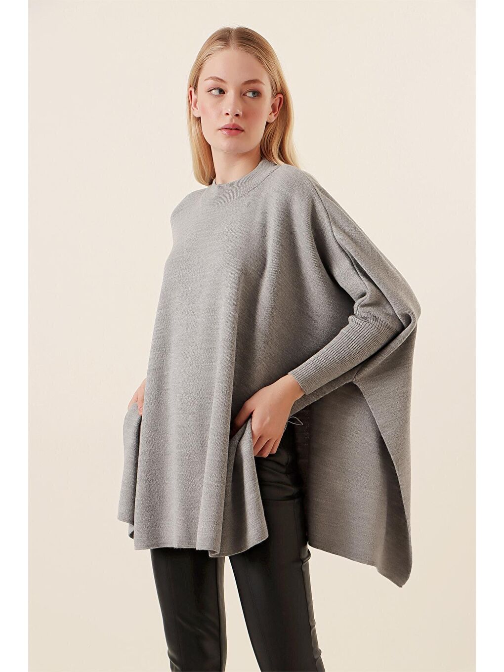 15783 Yırtmaçlı Panço Kazak - Gri-2