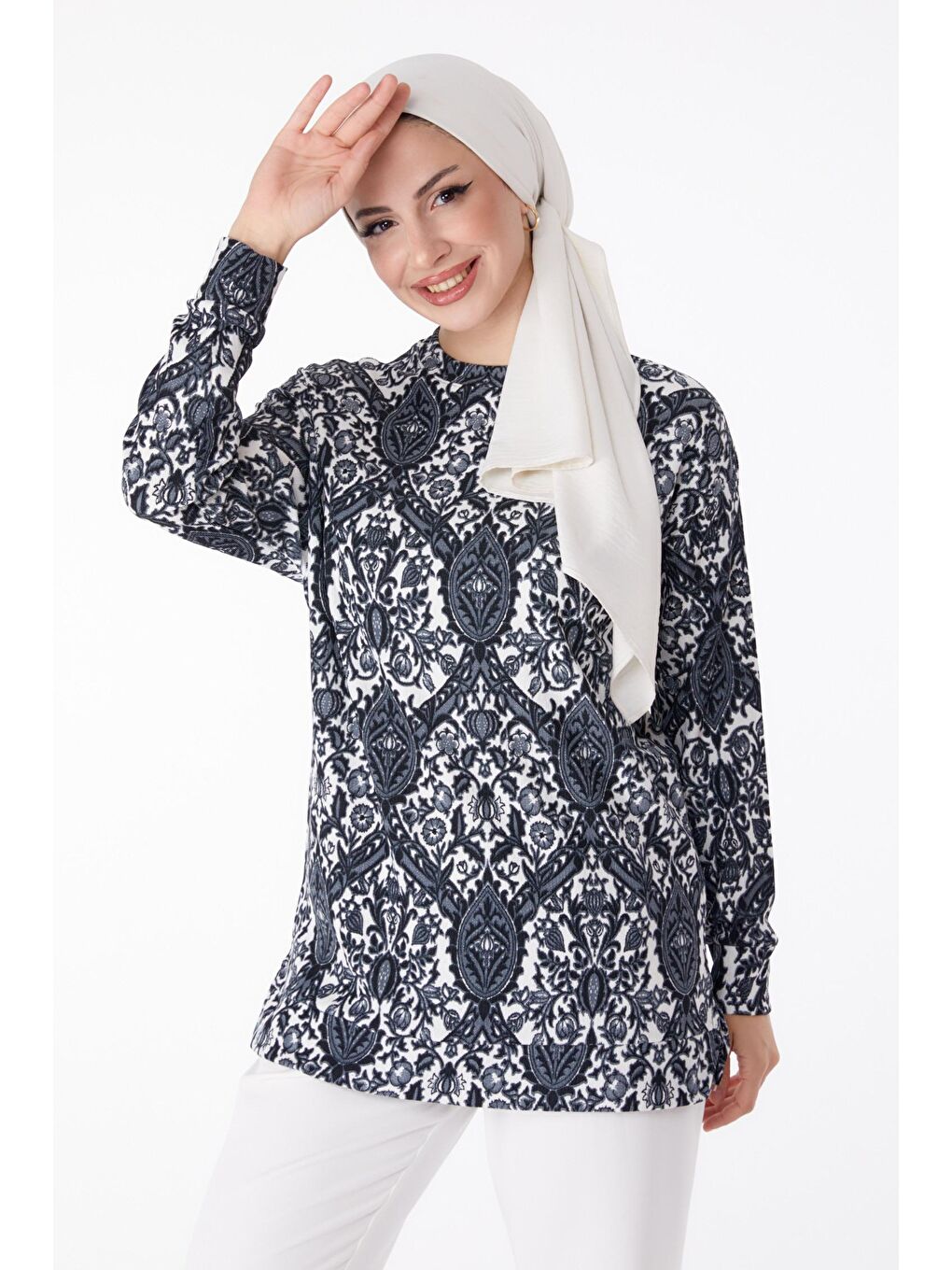 Bisiklet Yaka Kadın Antrasit Desenli Tunik - 25324-2