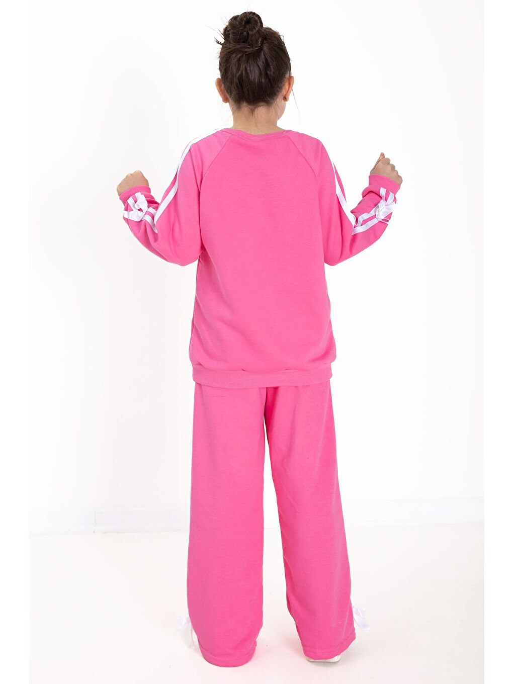 Pembe Fiyonk Detaylı Şeritli Kız Çocuk Bisiklet Yaka Eşofman Takımı 22731-4