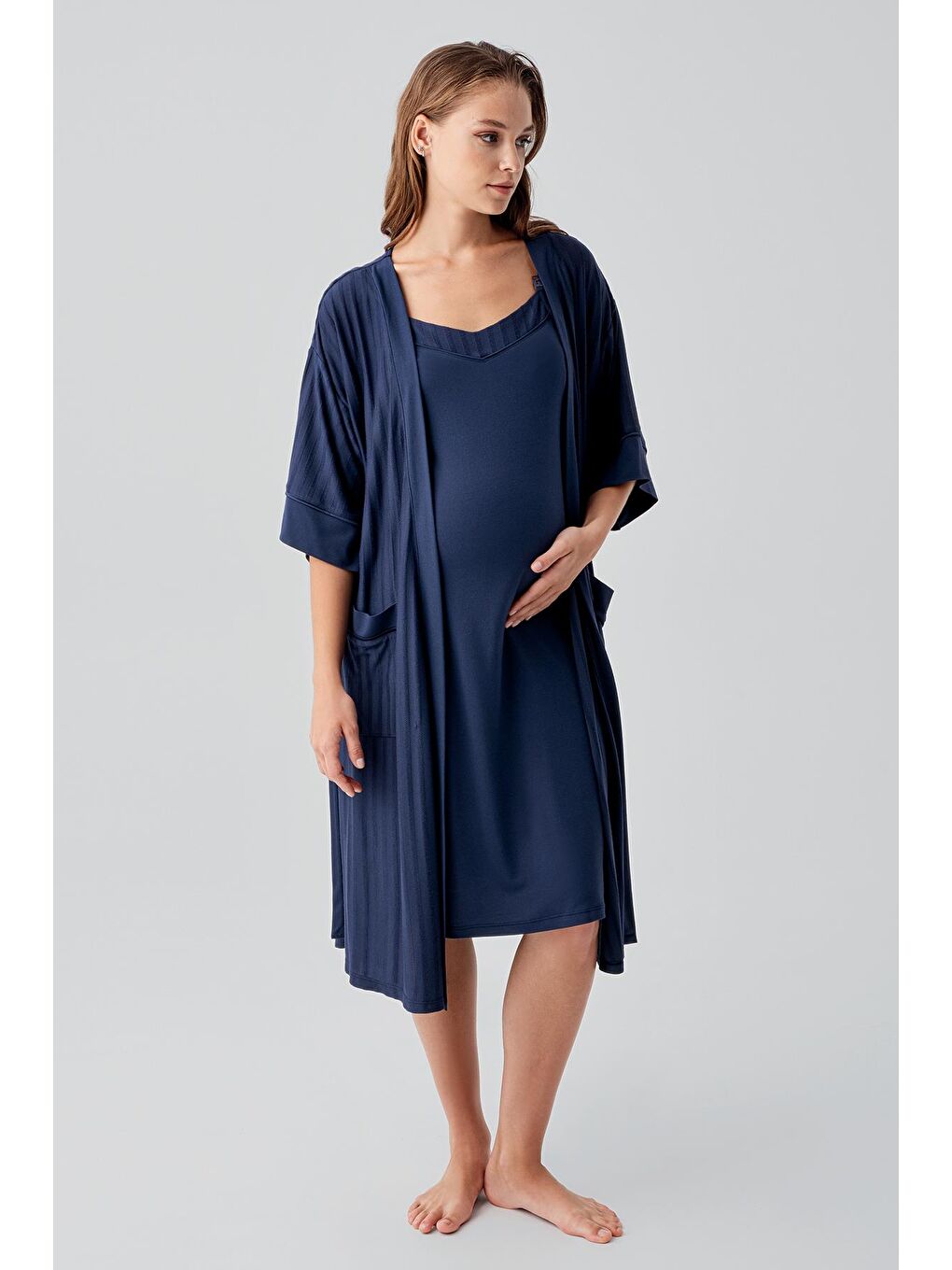 Lacivert Askılı Emzirme Bölmeli Esnek Viskoz Hamile Sabahlık Gecelik Takım 19407