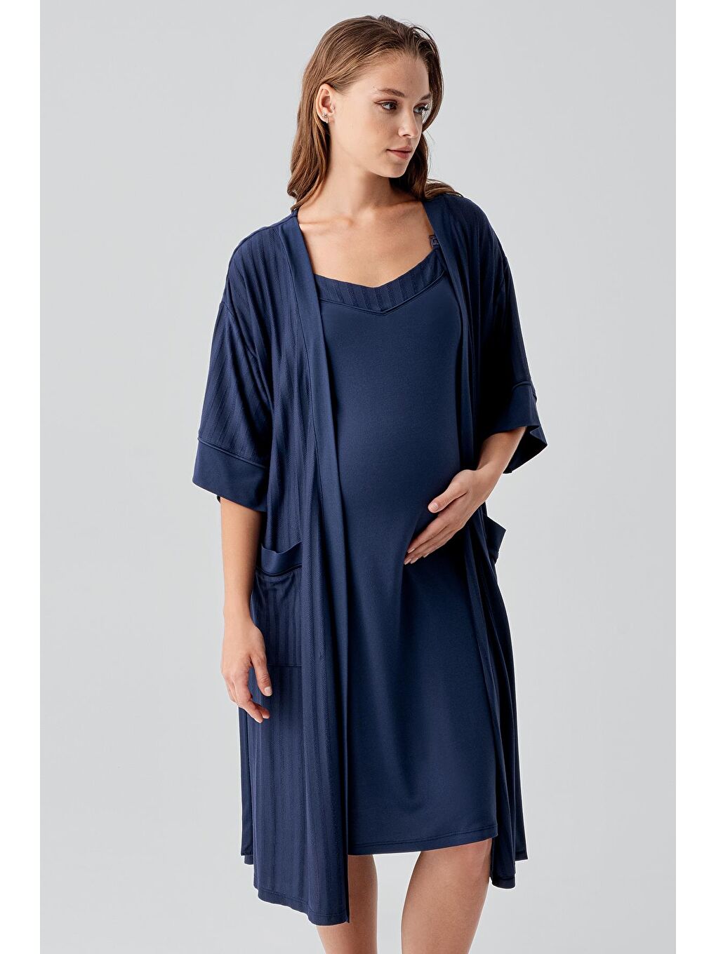 Lacivert Askılı Emzirme Bölmeli Esnek Viskoz Hamile Sabahlık Gecelik Takım 19407-1