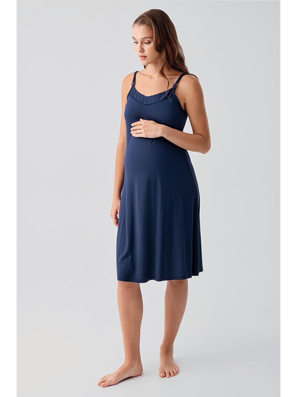 Lacivert Askılı Emzirme Bölmeli Esnek Viskoz Hamile Sabahlık Gecelik Takım 19407-2