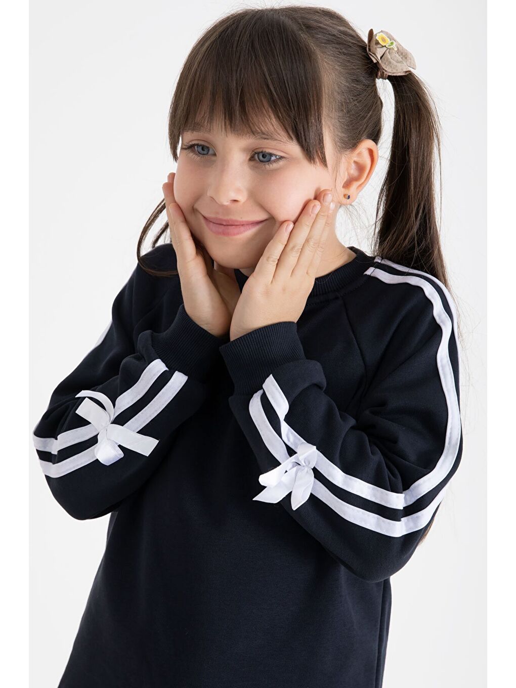 Lacivert Fiyonk Detaylı Şeritli Kız Çocuk Bisiklet Yaka Eşofman Takımı 22732-1