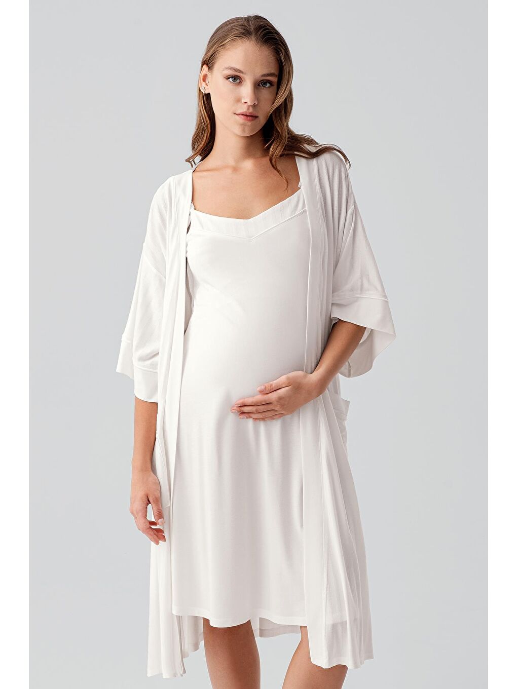 Ekru Askılı Emzirme Bölmeli Esnek Viskoz Hamile Sabahlık Gecelik Takım 19407-1