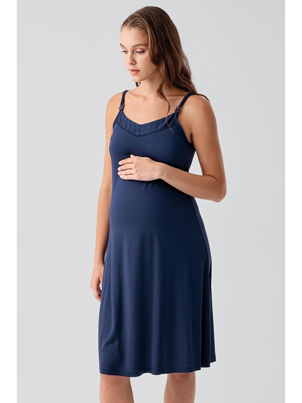 Lacivert Askılı Emzirme Bölmeli Esnek Viskoz Hamile Sabahlık Gecelik Takım 19407-3