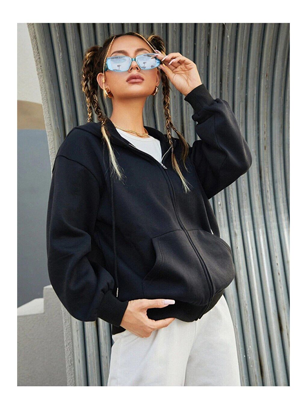 Trendseninle Siyah Kadın Siyah Oversize Pusula Sırt Baskılı Hırka Sweatshirt - 2