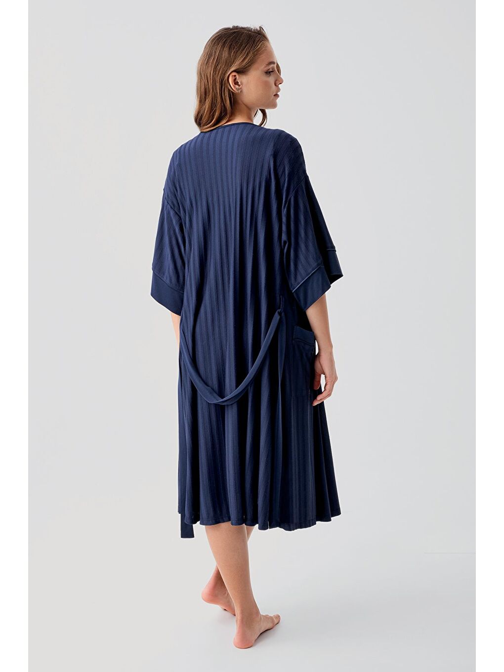 Lacivert Askılı Emzirme Bölmeli Esnek Viskoz Hamile Sabahlık Gecelik Takım 19407-4