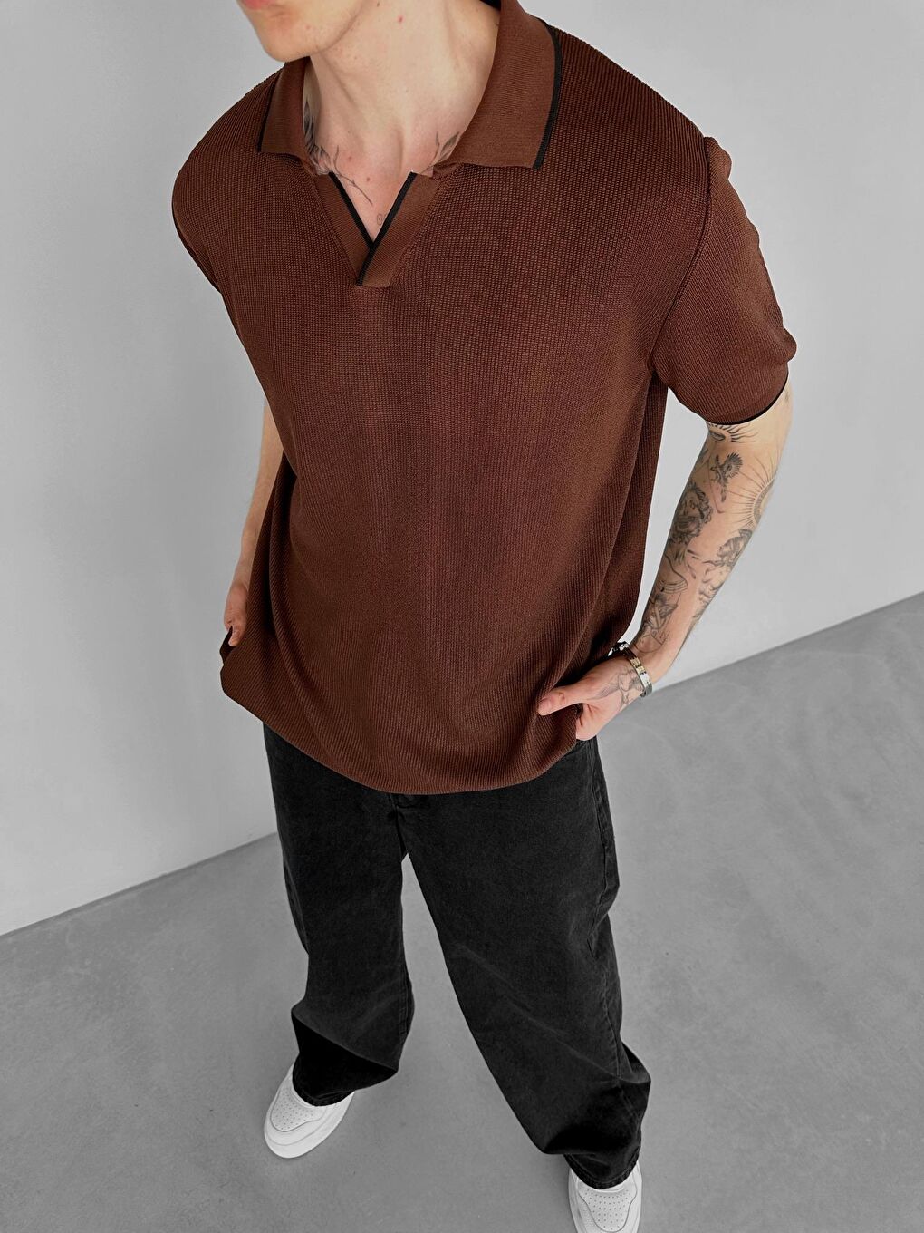Erkek Yarım Pat Polo Yaka Triko Tişört Kahverengi-2