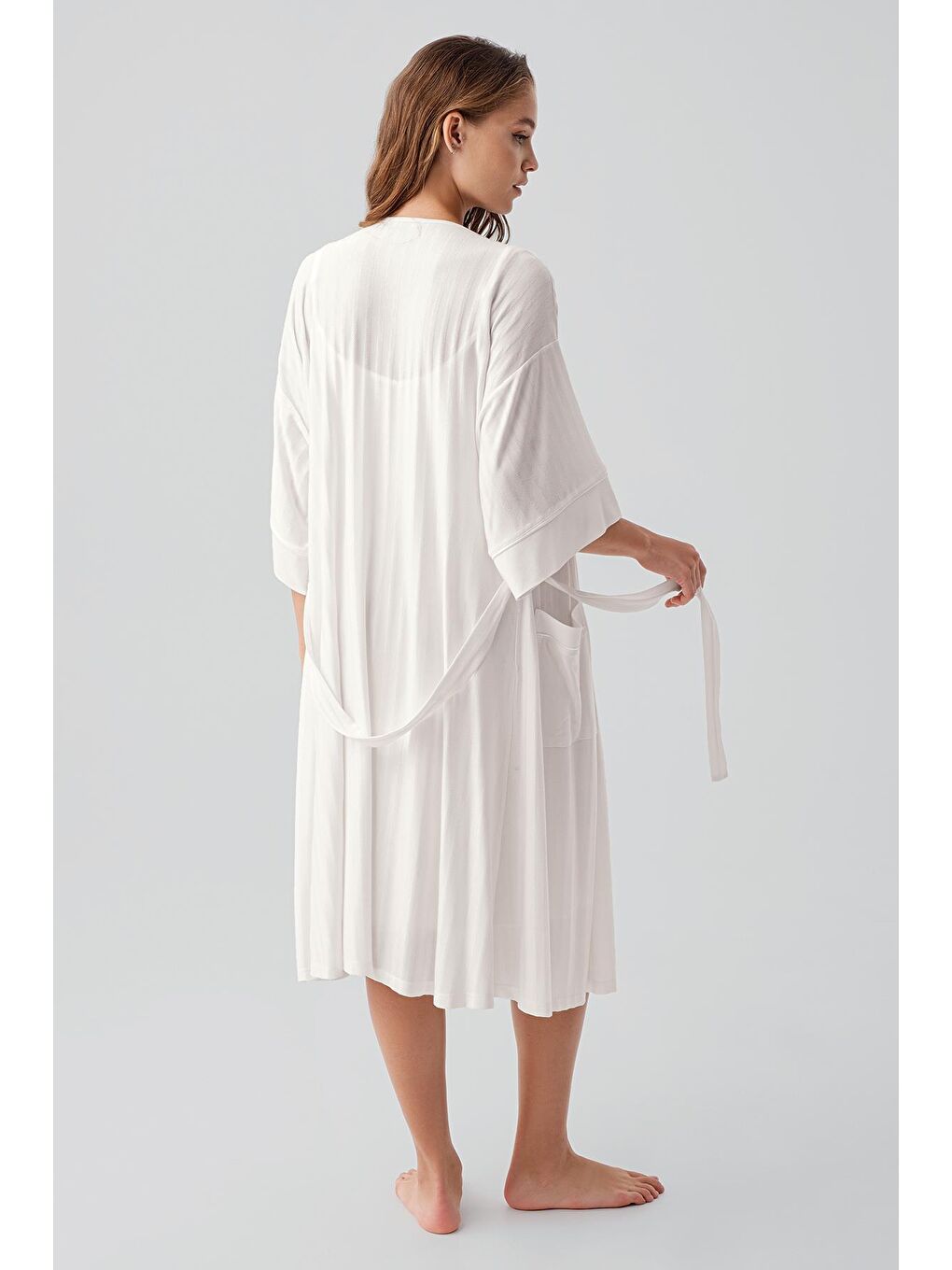 Ekru Askılı Emzirme Bölmeli Esnek Viskoz Hamile Sabahlık Gecelik Takım 19407-4