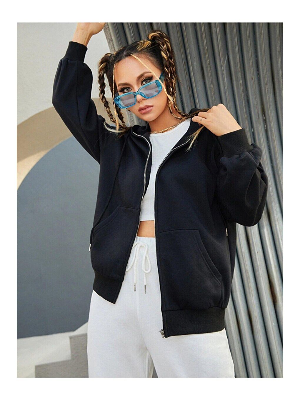 Trendseninle Siyah Kadın Siyah Oversize Pusula Sırt Baskılı Hırka Sweatshirt - 3