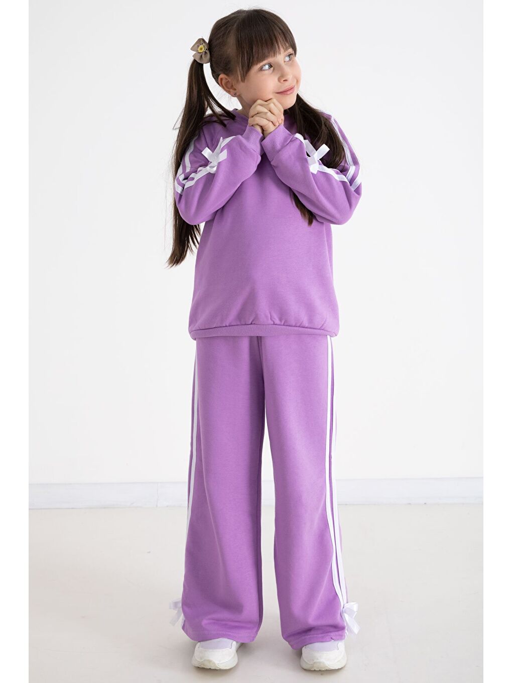 Lila Fiyonk Detaylı Şeritli Kız Çocuk Bisiklet Yaka Eşofman Takımı 22733-2