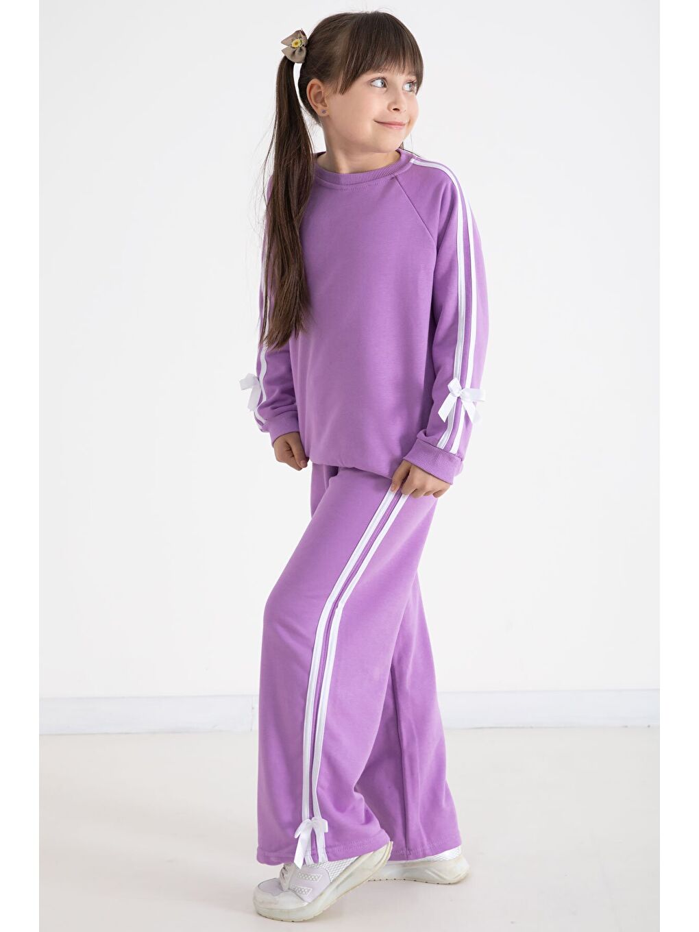 Lila Fiyonk Detaylı Şeritli Kız Çocuk Bisiklet Yaka Eşofman Takımı 22733-3