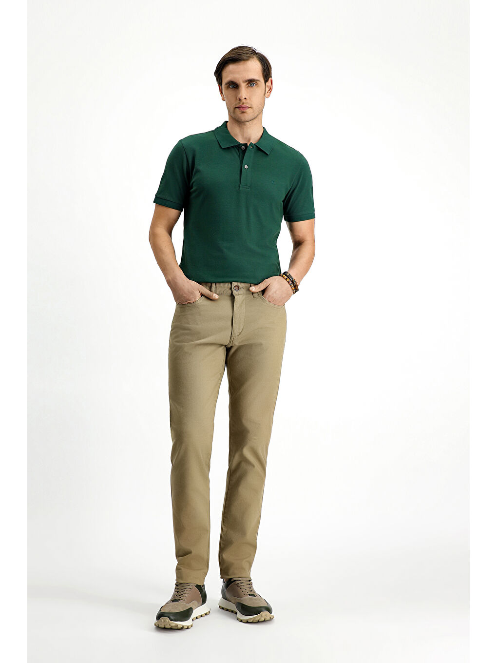 Bej Slim Fit Dar Kesim Elastanlı Desenli Kanvas / Chino Pantolon