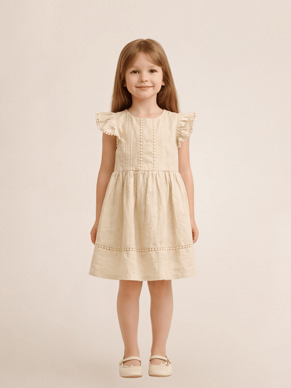 Ekru Bisiklet Yaka Kız Çocuk Elbise